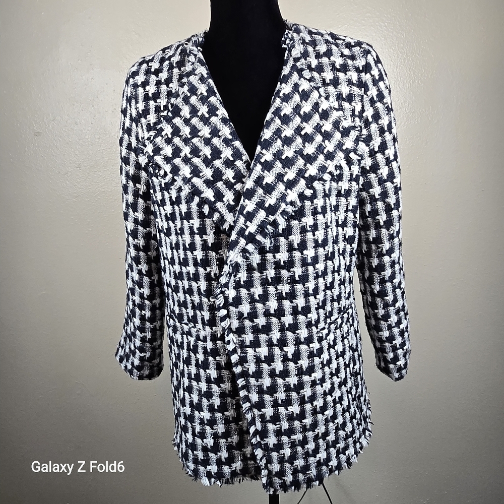 Ann Taylor Tweed Blazer Womens Medium Navy White Good‎ Frayed Houndstooth Jacket